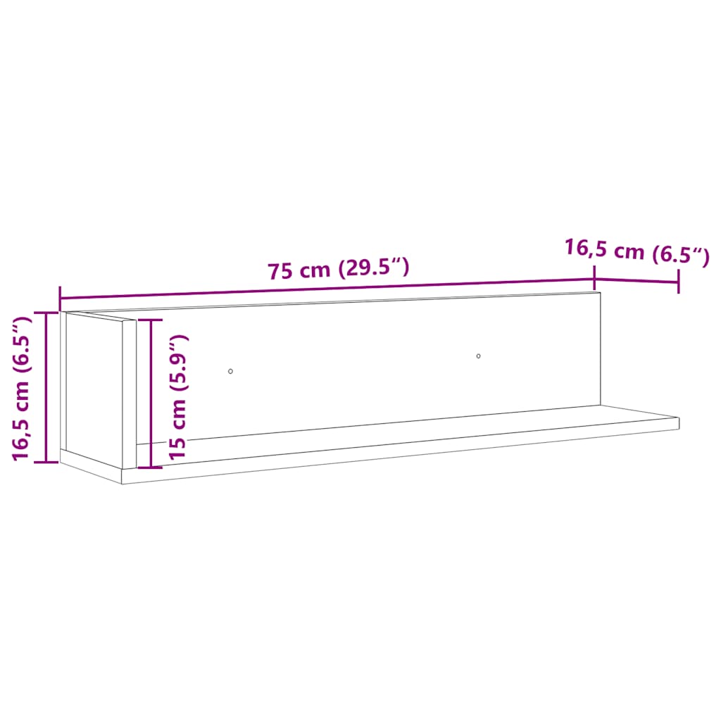 Zidne police 2 kom crne 75x16,5x16,5 cm konstruirano drvo