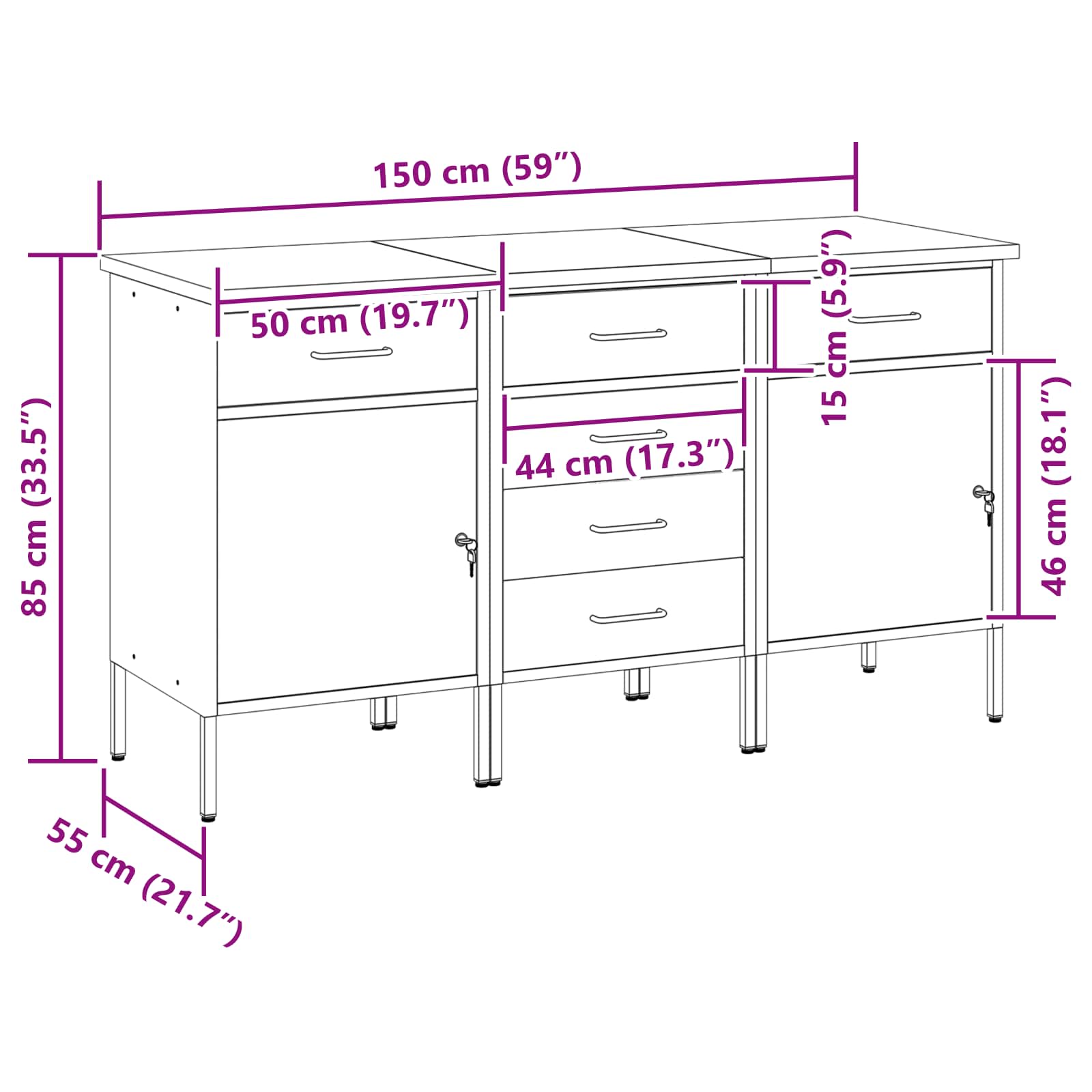 Radni ormar s ladicama 3 pcs Crna i Siva 150 x 55 x 85 cm