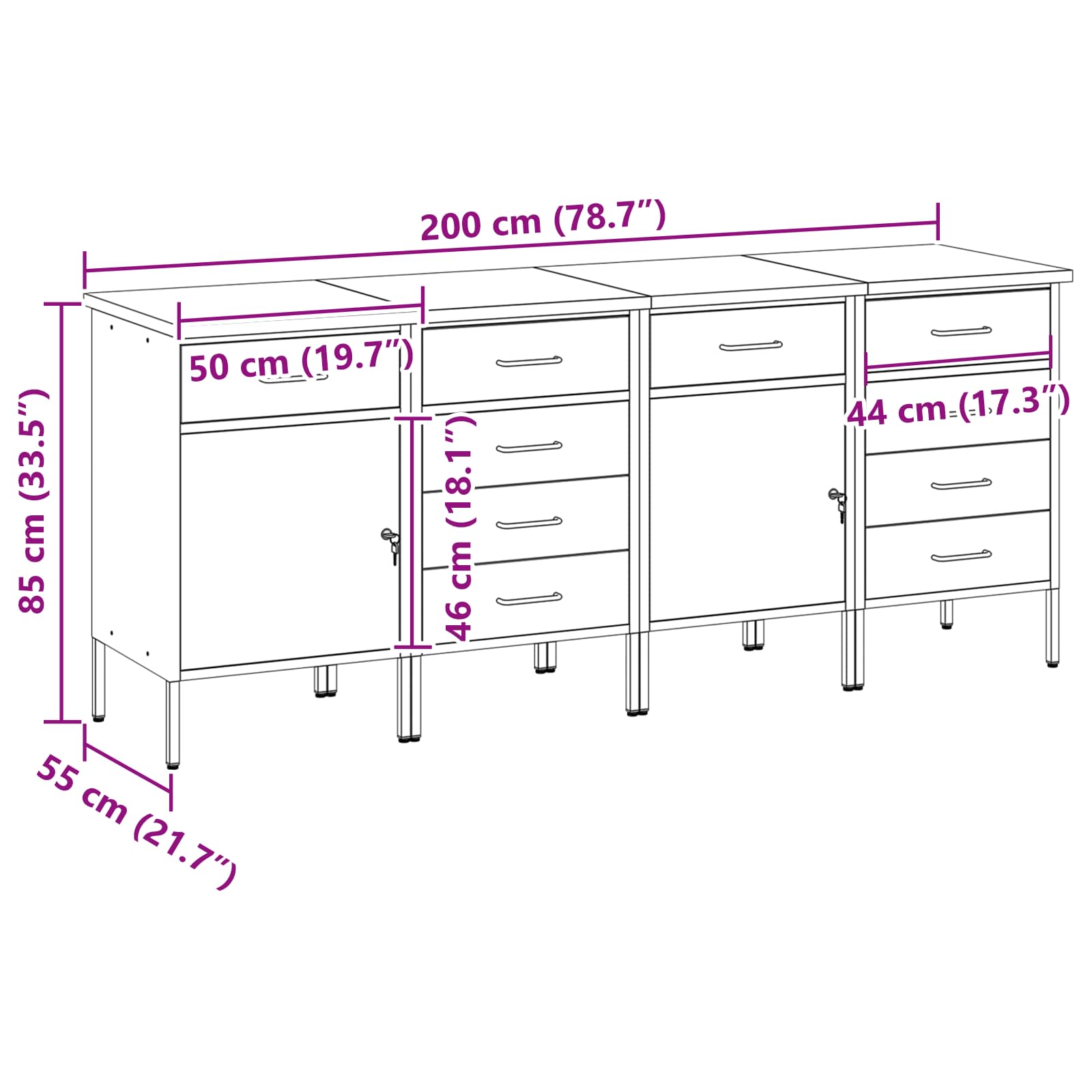 Radni ormar s ladicama 4 pcs Crna i Siva 200 x 55 x 85 cm