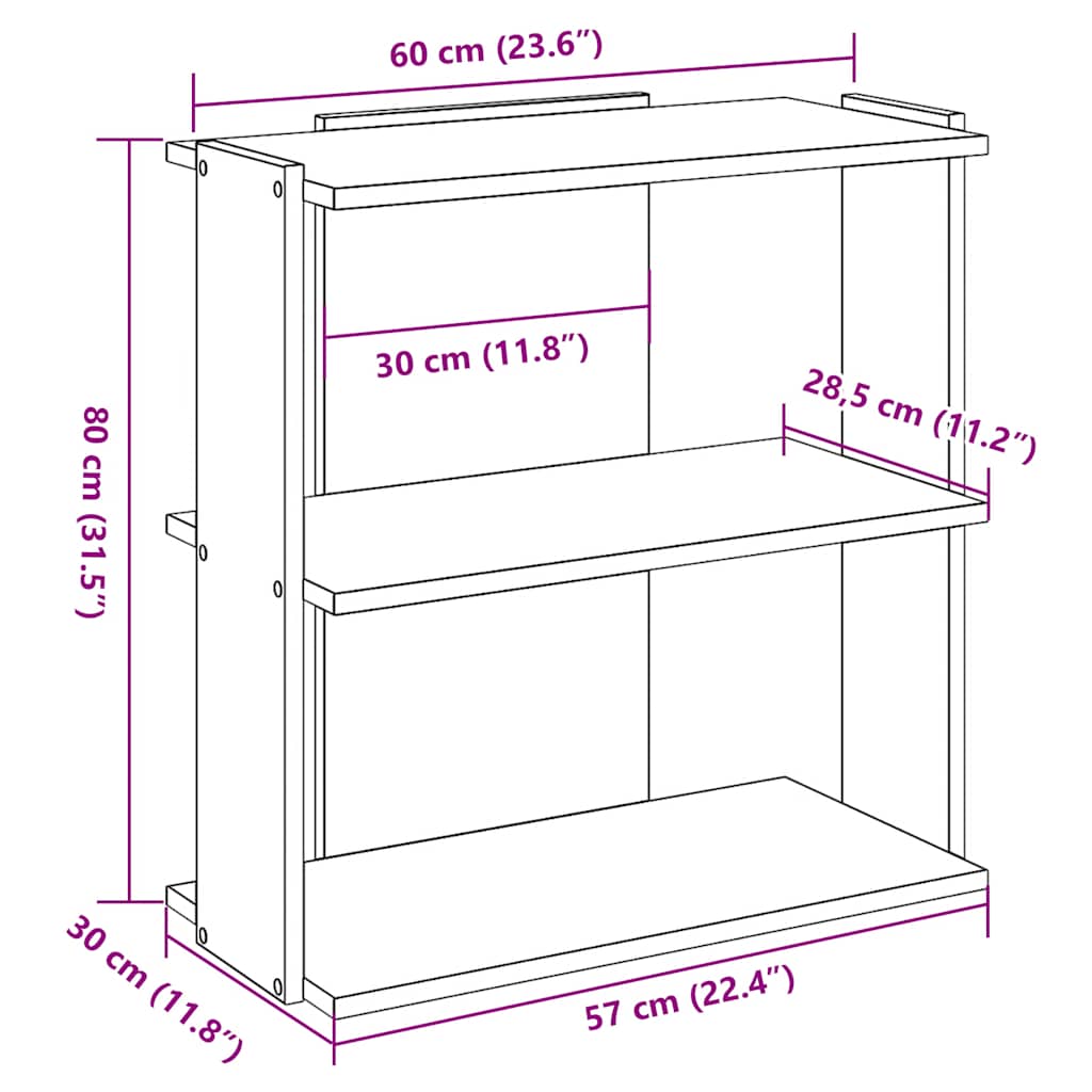 Regal za knjige s 3 razine siva boja hrasta 60x30x80 cm drveni