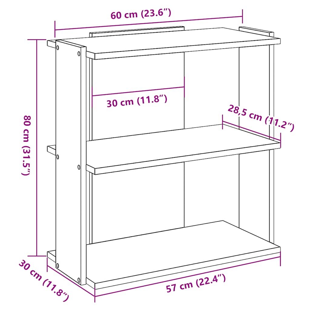Regal za knjige s 3 razina boja staro drvo 60x30x80 cm drveni