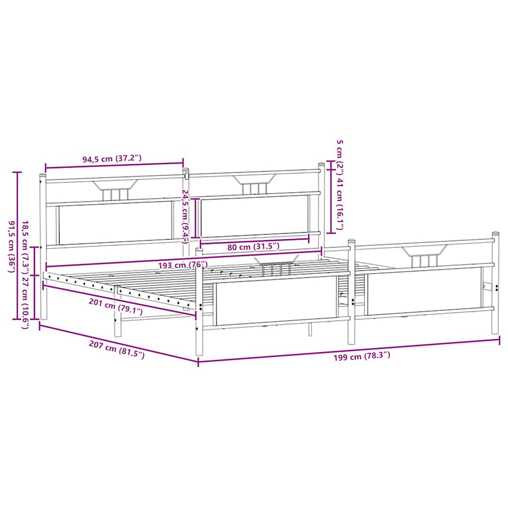 Metalni okvir kreveta bez madraca boja hrasta 193x201 cm