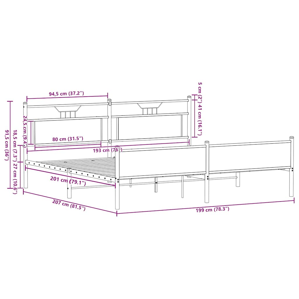 Metalni okvir kreveta bez madraca smeđa boja hrasta 193x201 cm