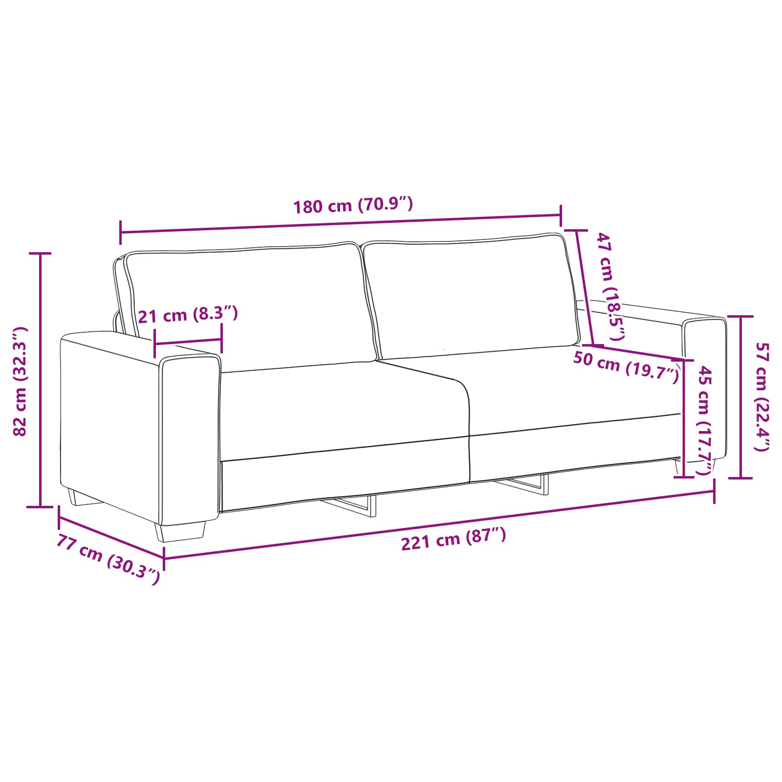 Sofa 3 pcs Bež 221 x 80 x 82 cm Platnasta tkanina