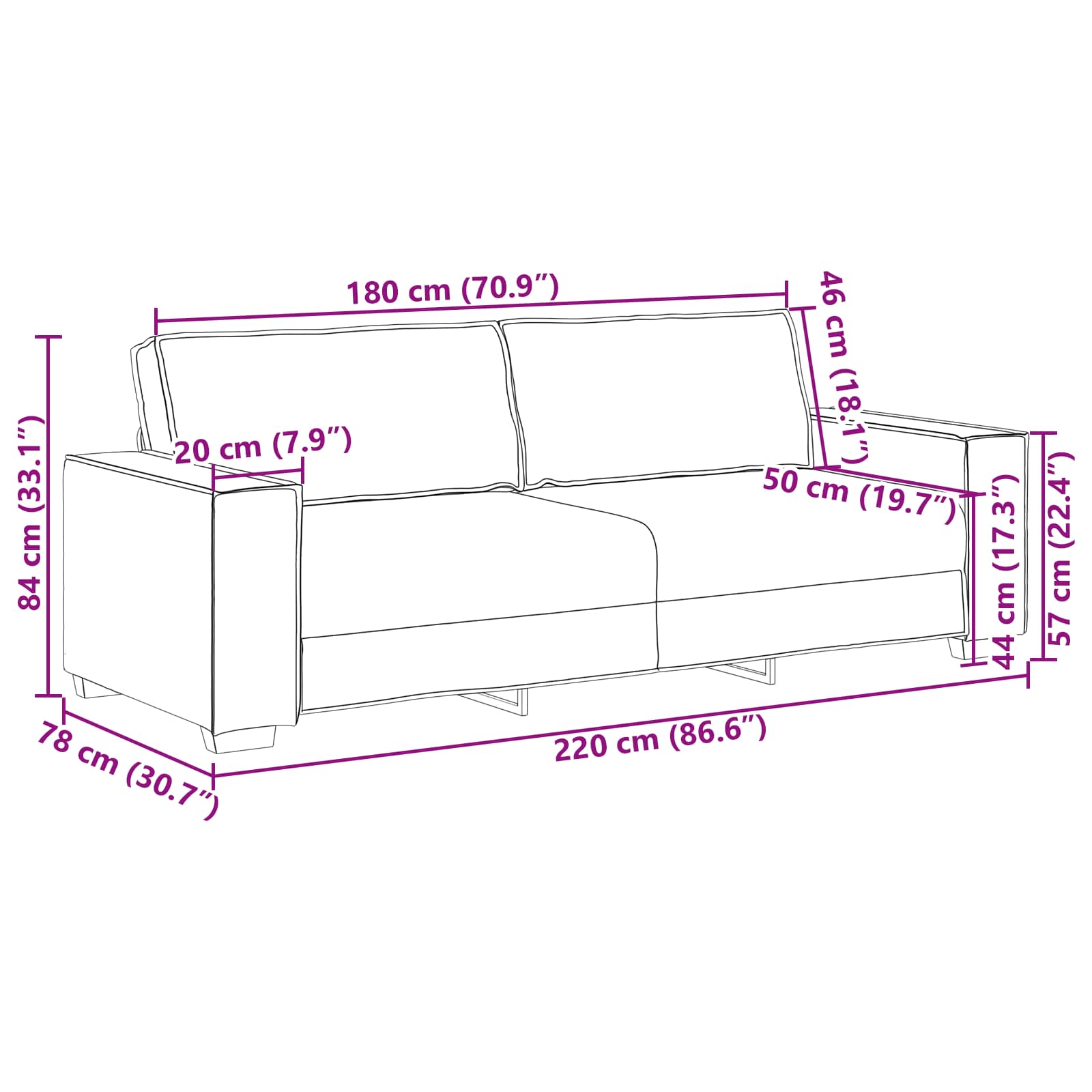 Sofa 2 pcs Bež 220 x 80 x 84 cm Platnasta tkanina