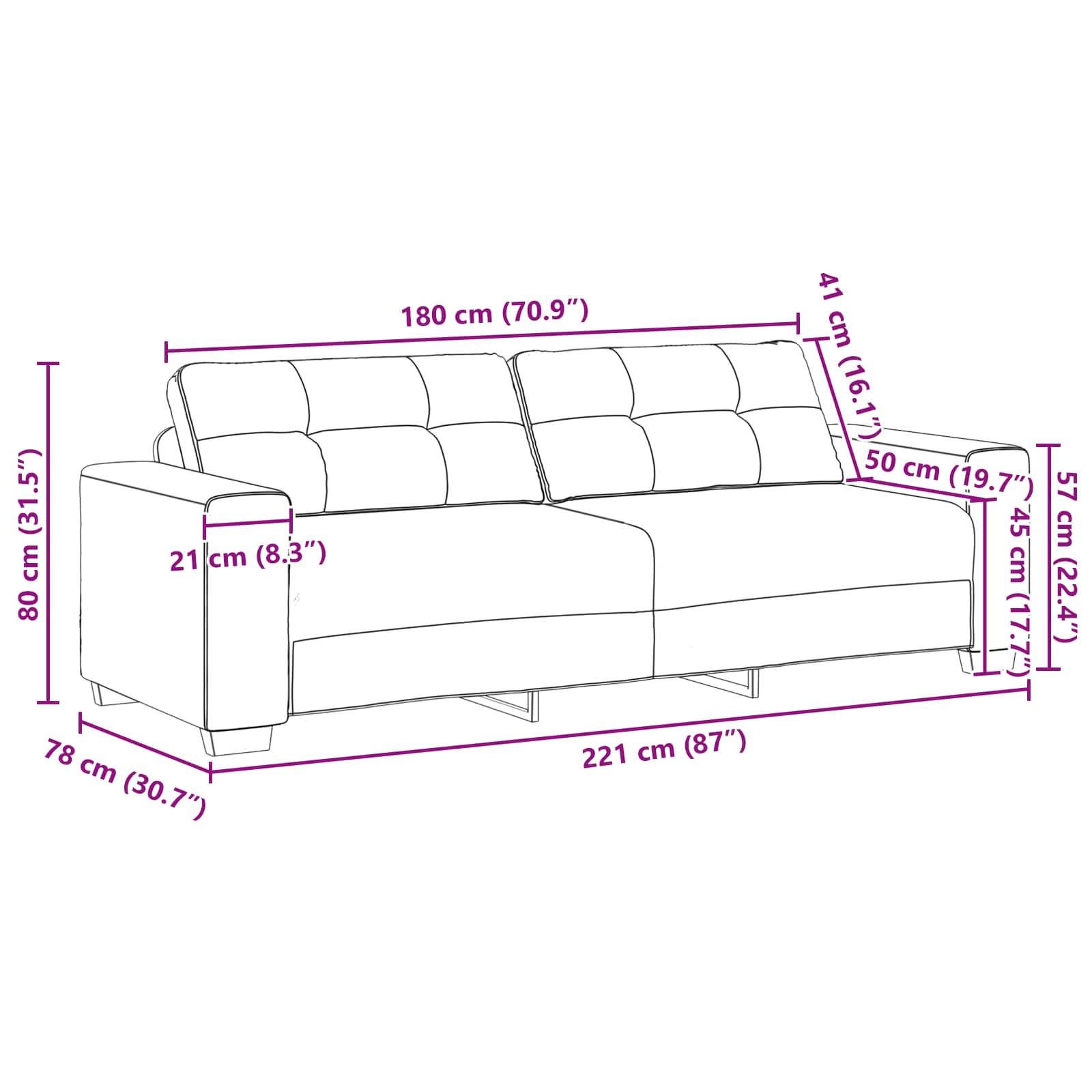 Sofa za 3 osobe Smeđa 220 cm Umetnička suknja koža