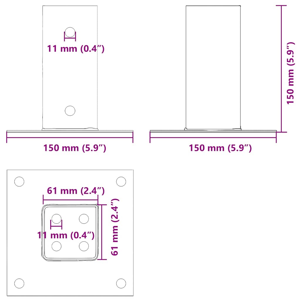 Postolja za stupove kvadratna 12 kom 61x61 mm pocinčani čelik