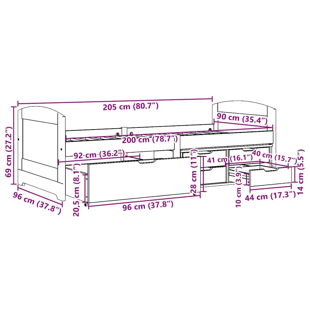 Dnevni krevet s 5 ladica bez madraca "IRUN" crni 90x200 cm