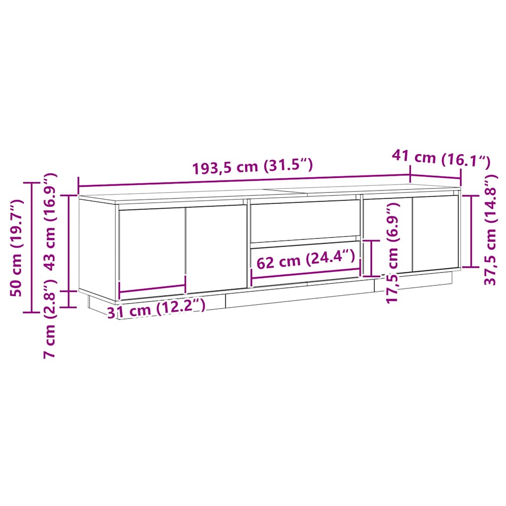 TV ormarić s LED svjetlima bijeli 193,5x41x50 cm