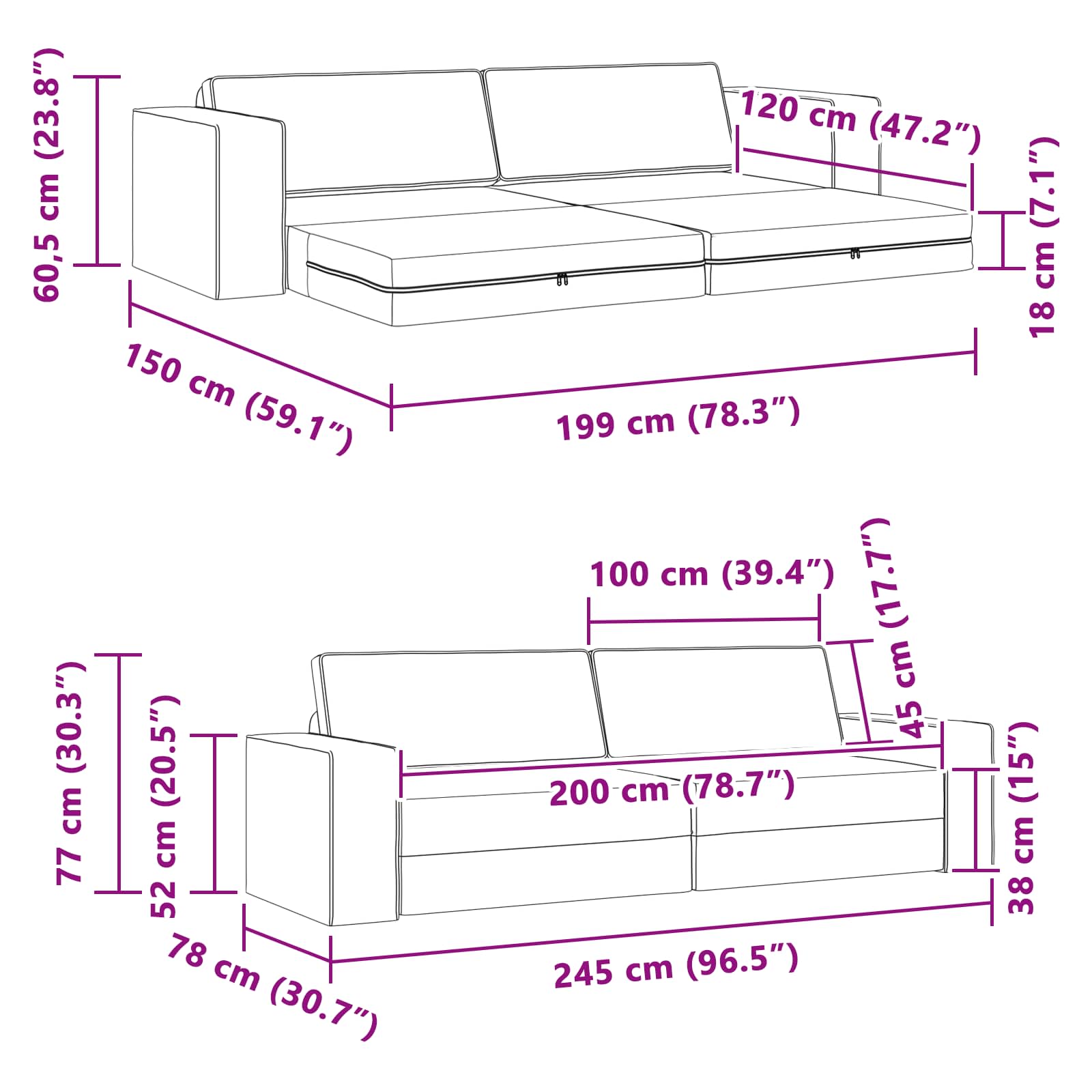 Krevet na razvlačenje Crna 245 x 78 x 77 cm tkanina