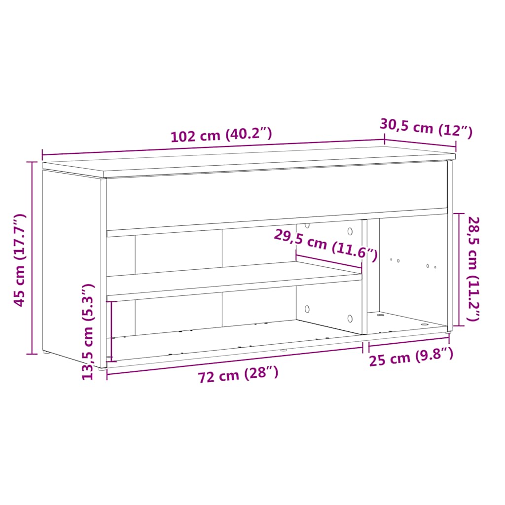 Klupa za cipele boja staro drvo 102x30,5x45cm konstruirano drvo