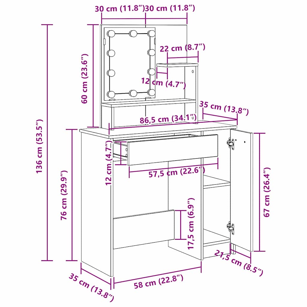 Toaletni stol Crni hrast 86,5 x 35 x 136 cm Konstruirano drvo