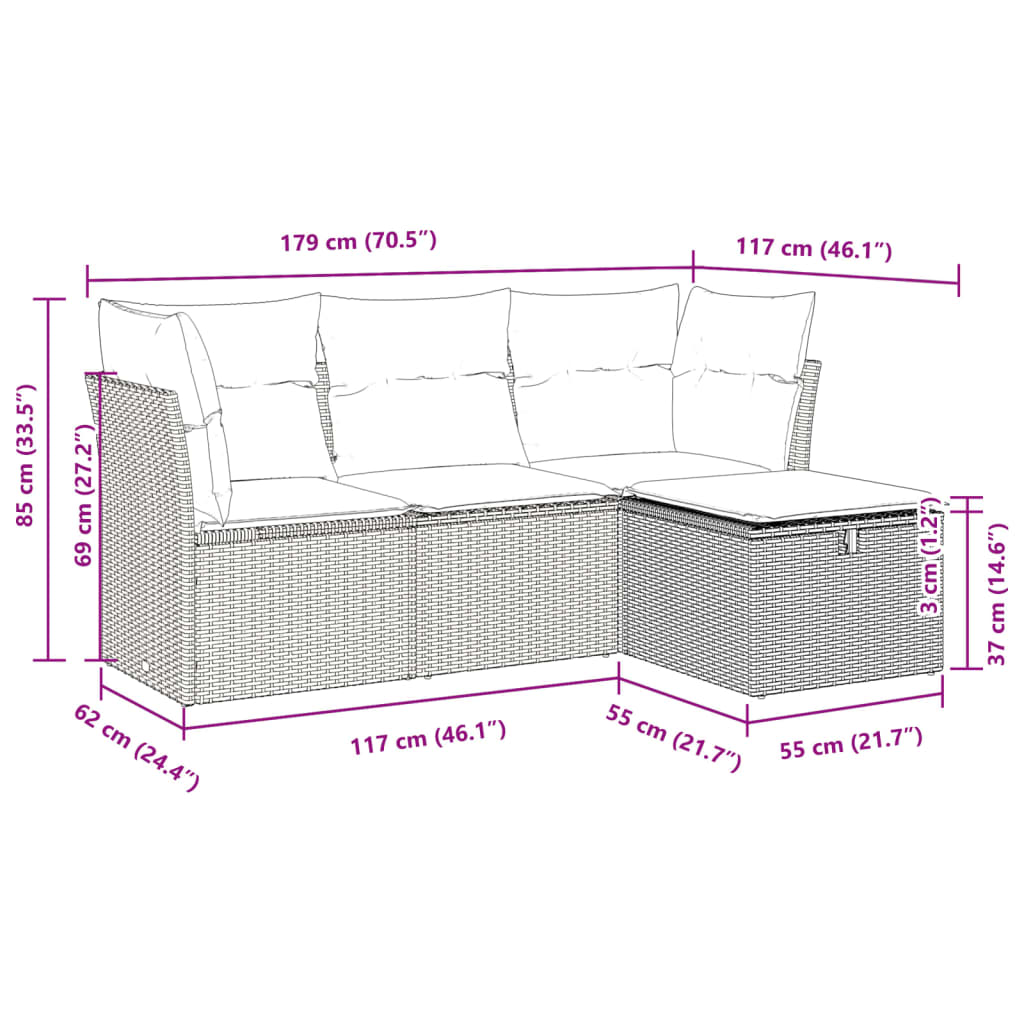 4-dijelni set vrtnih sofa od poliratana s jastucima sivi