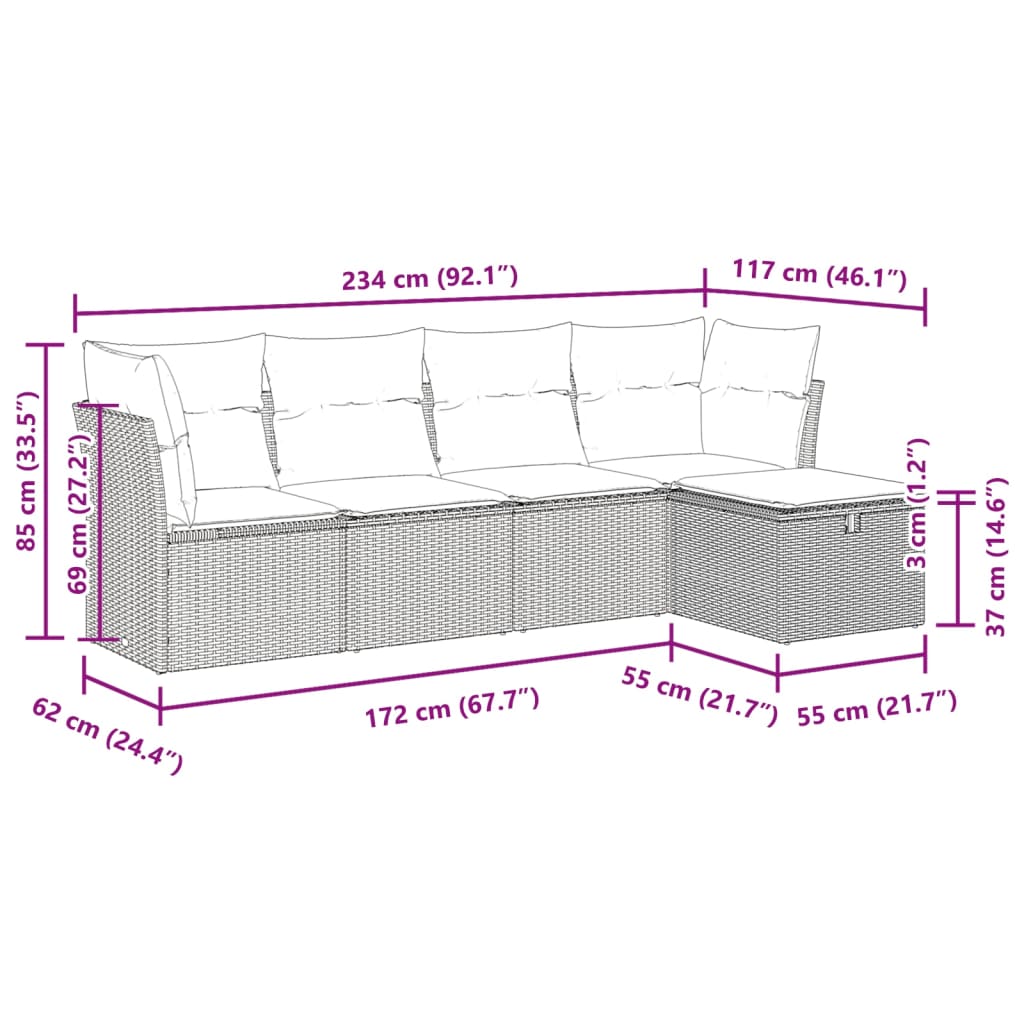 5-dijelna vrtna garnitura od poliratana s jastucima siva