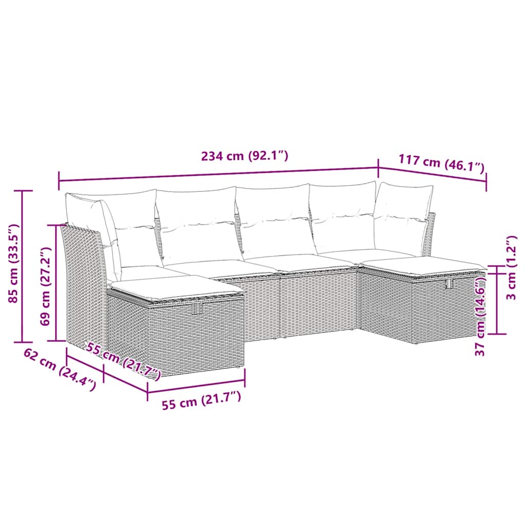 6-dijelni set vrtnih sofa s jastucima crni od poliratana