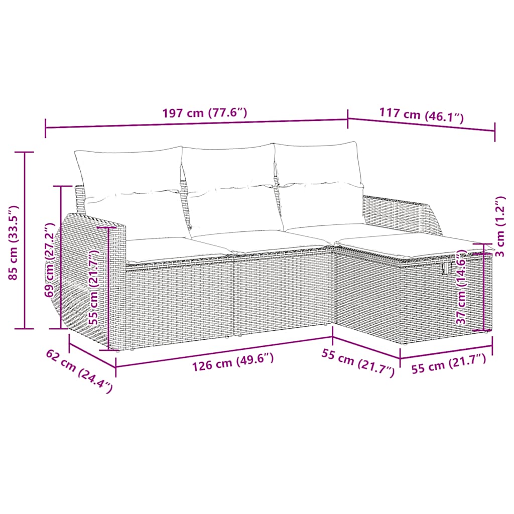 4-dijelni set vrtnih sofa od poliratana s jastucima crni