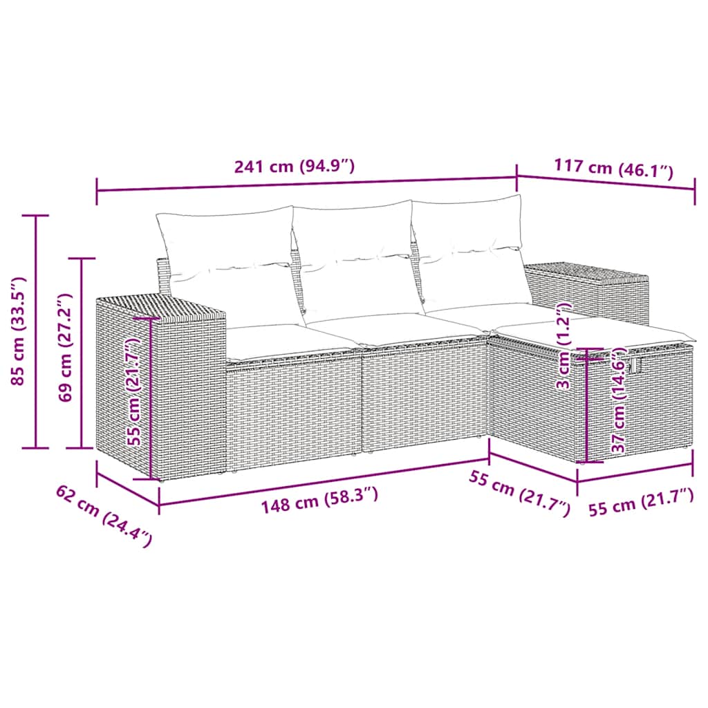 4-dijelni set vrtnih sofa od poliratana s jastucima crni