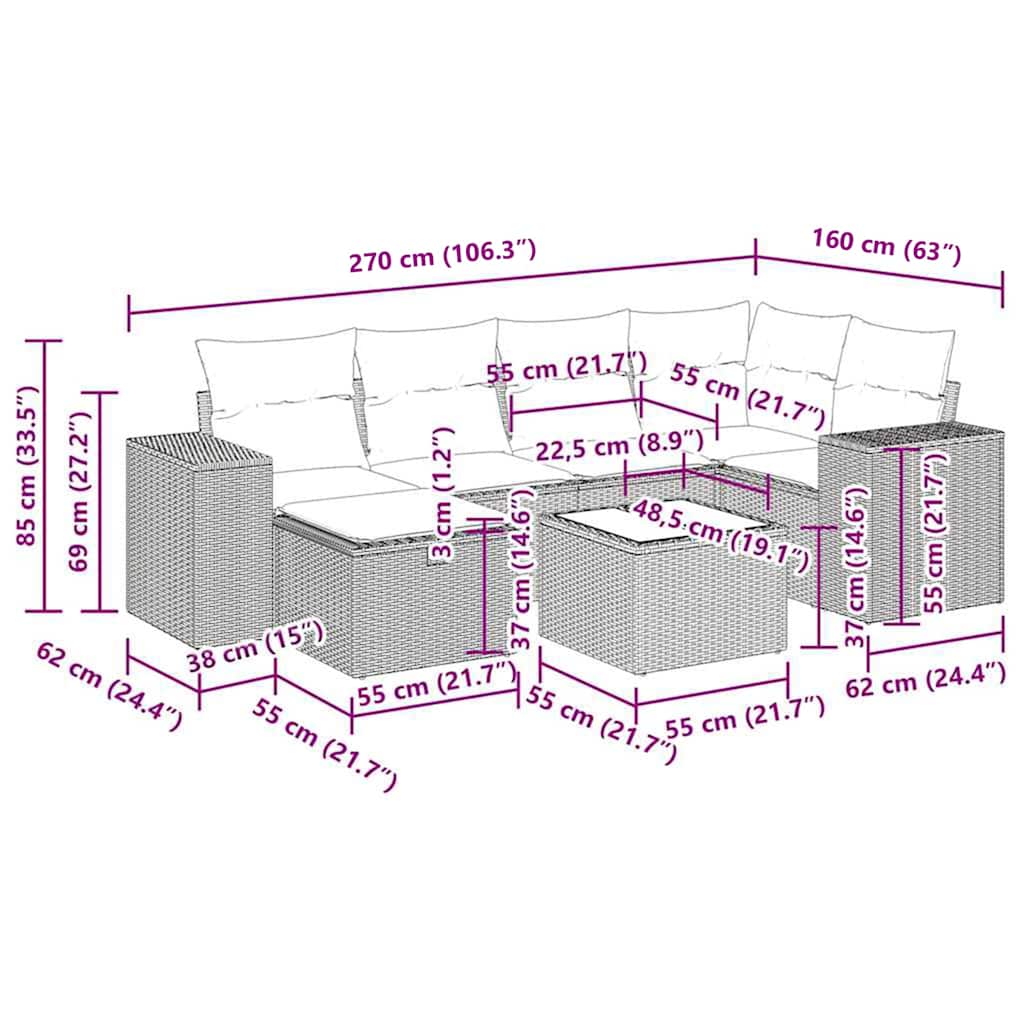 7-dijelni set vrtnih sofa od poliratana s jastucima smeđi
