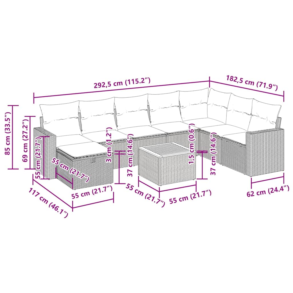 9-dijelni set vrtnih sofa s jastucima crni od poliratana