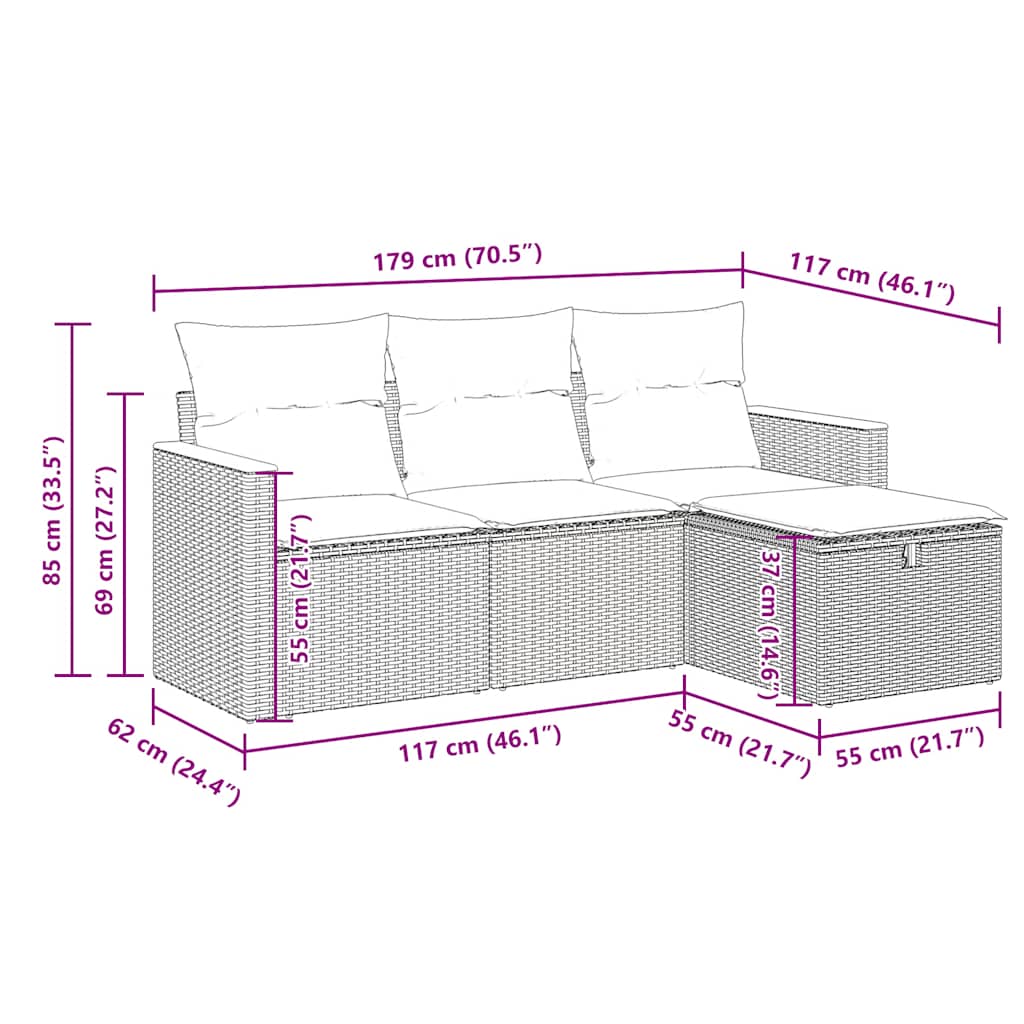 4-dijelni set vrtnih sofa od poliratana s jastucima crni