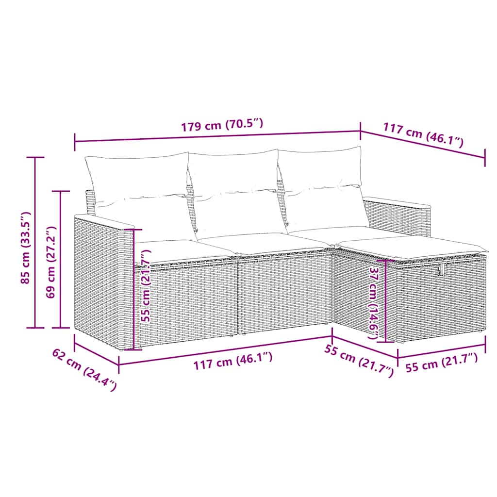 4-dijelni set vrtnih sofa od poliratana s jastucima sivi