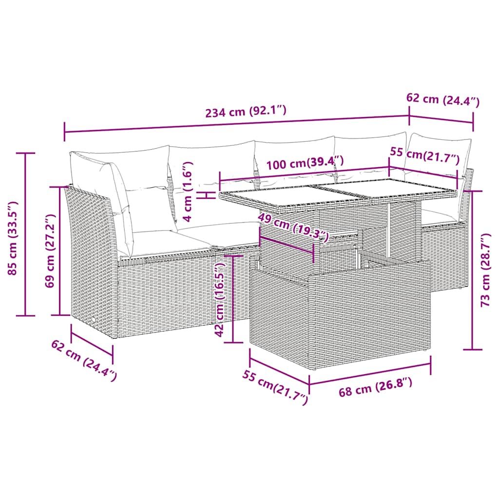 5-dijelni vrtni set sofa s jastucima bež od poliratana