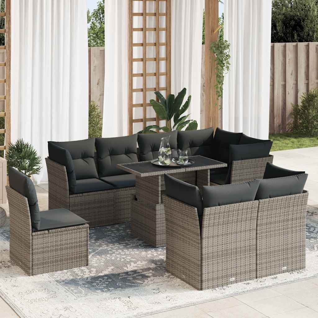 9-dijelni set vrtnih sofa od poliratana s jastucima sivi