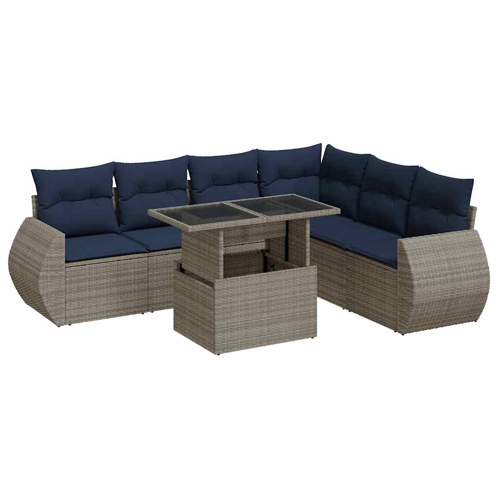 7-dijelni set vrtnih sofa poliratan i bagrem s jastucima sivi