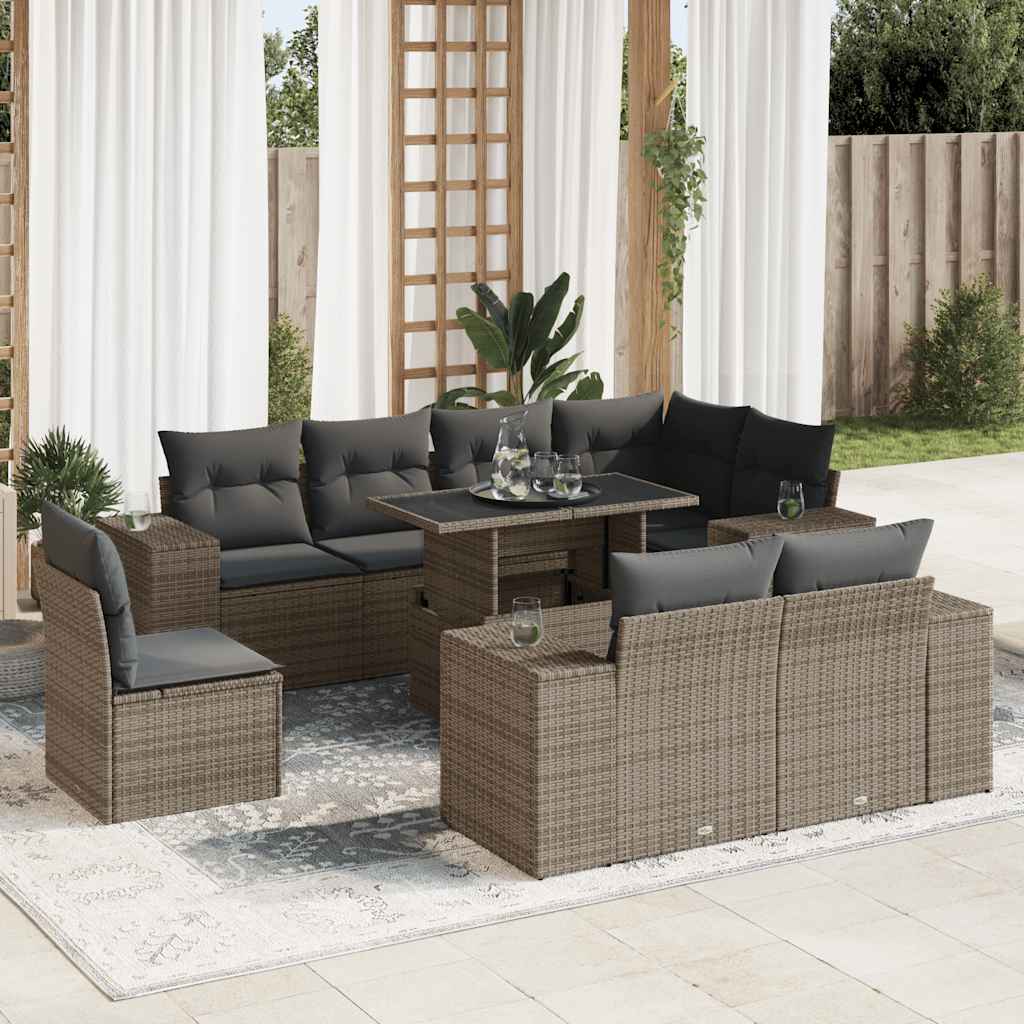9-dijelni set vrtnih sofa od poliratana s jastucima sivi