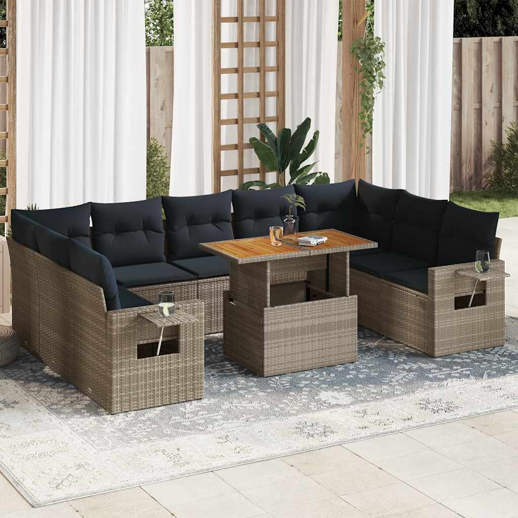 10-dijelni set vrtnih sofa od poliratana s jastucima sivi