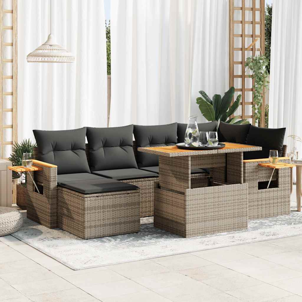 7-dijelni set vrtnih sofa poliratan i bagrem s jastucima sivi