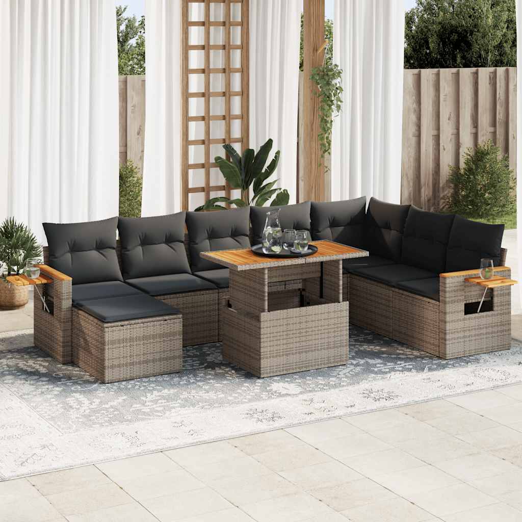 9-dijelni set vrtnih sofa poliratan i bagrem s jastucima sivi