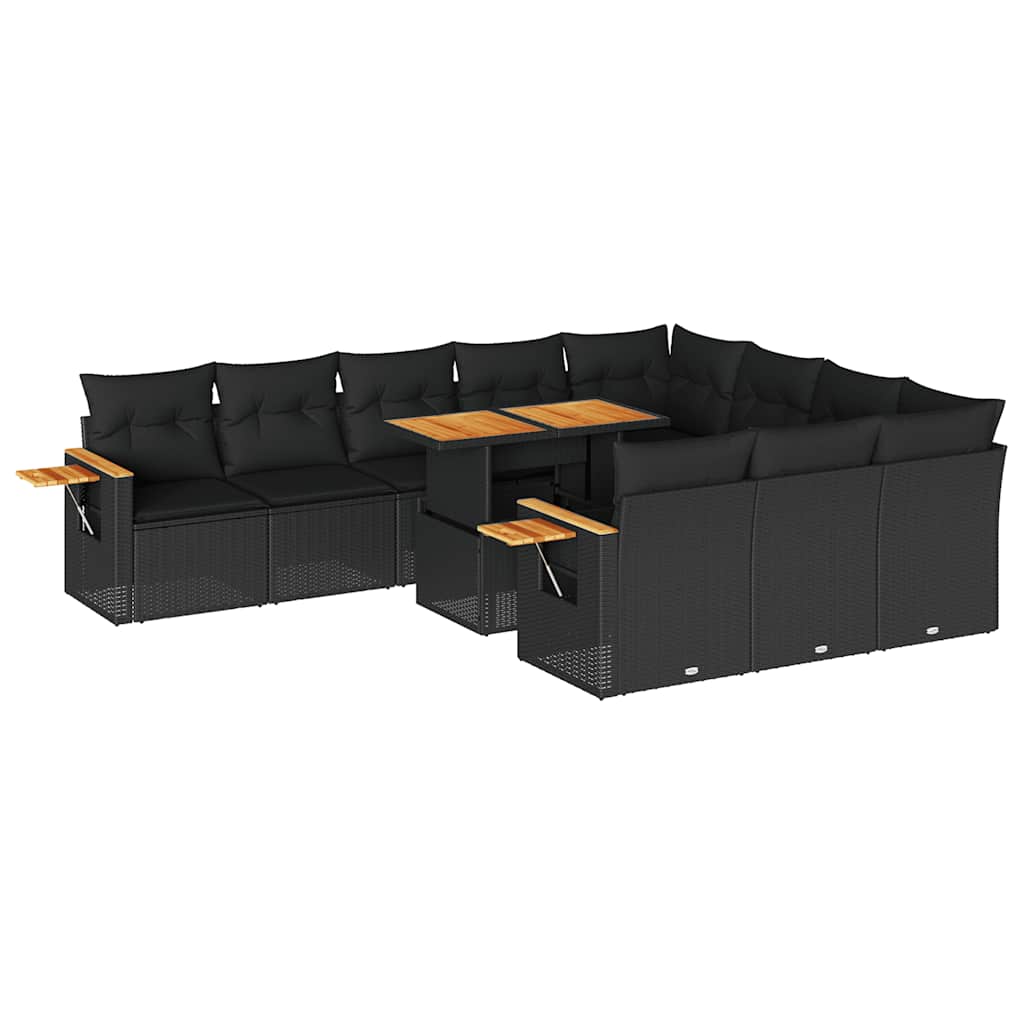 11-dijelni set vrtnih sofa poliratan i bagrem s jastucima crni