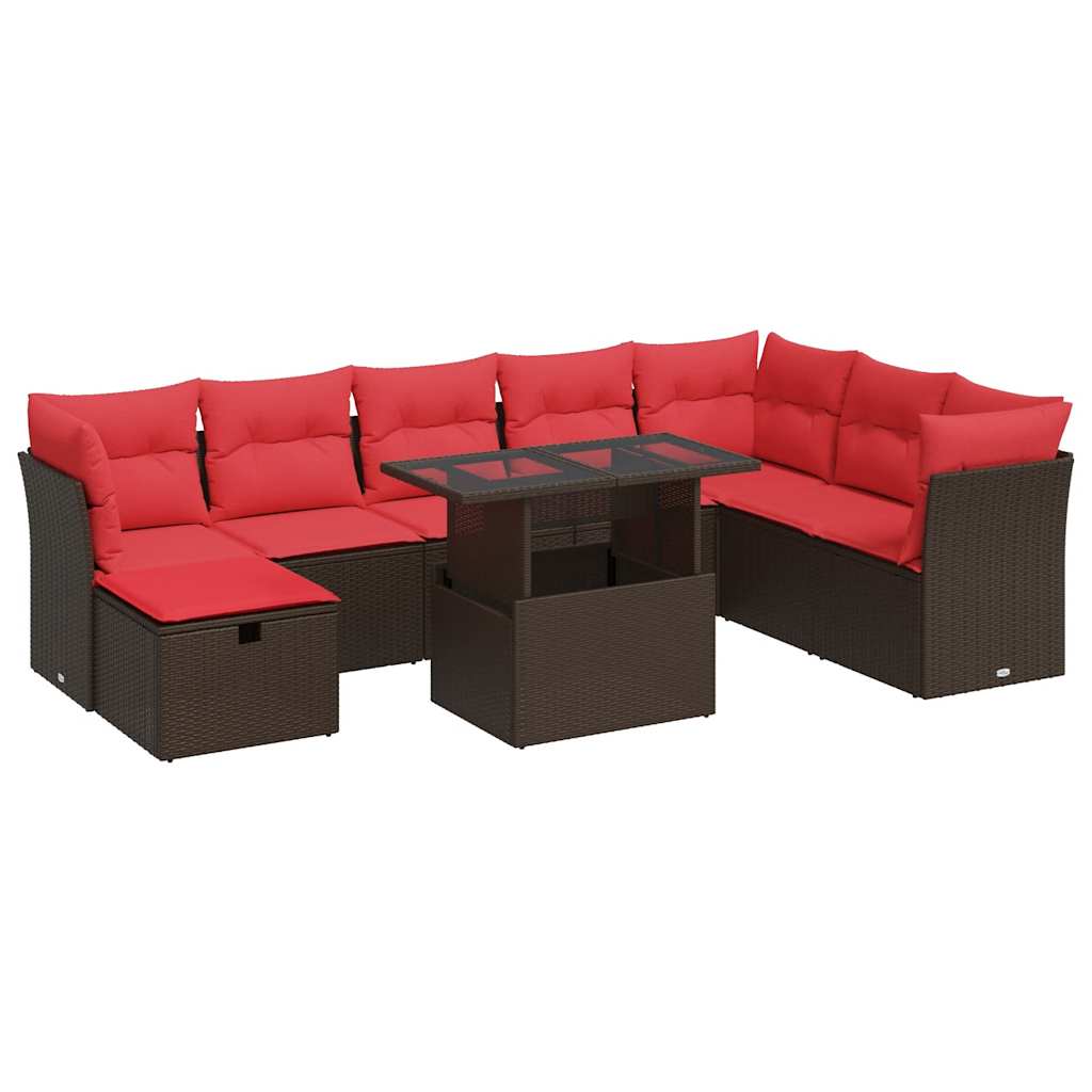 Vrtni set od 9 dijelova s jastucima, smeđi poliratan, akacija