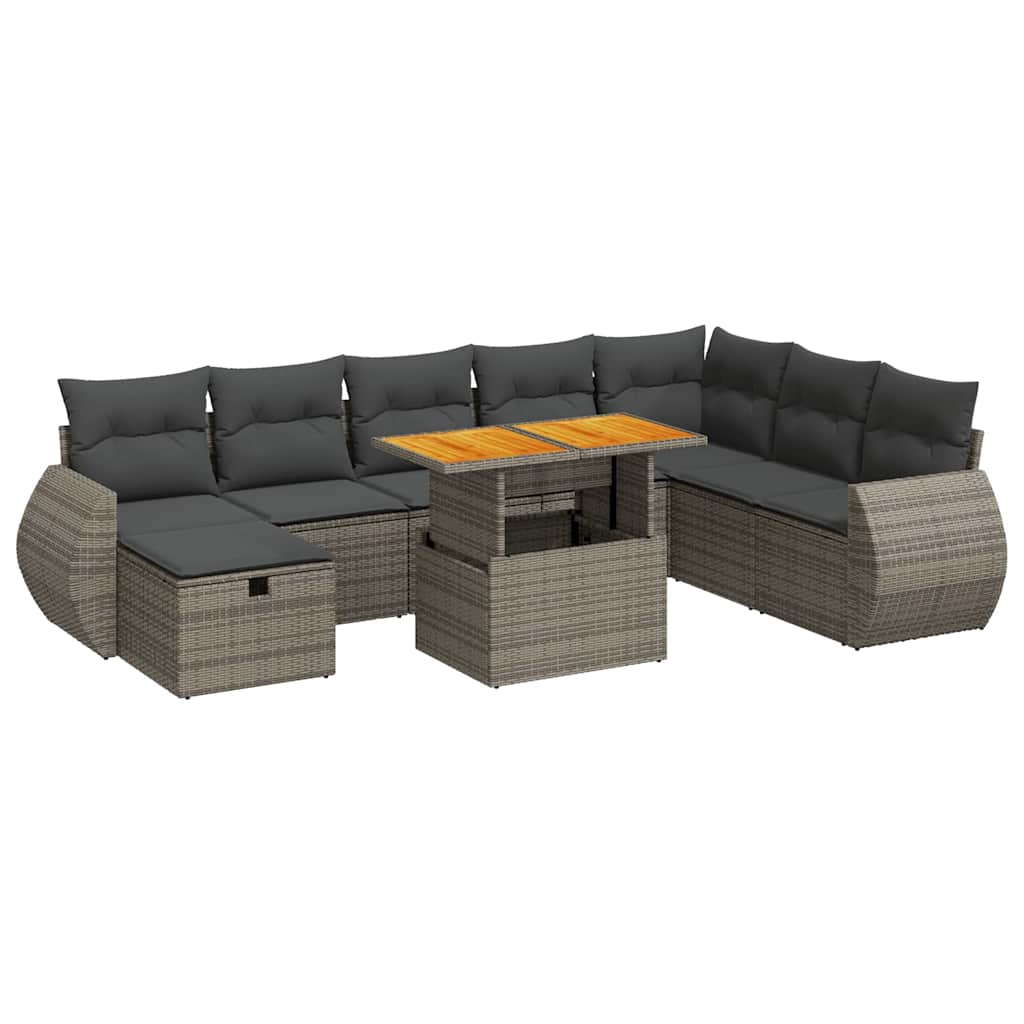9-dijelni set vrtnih sofa poliratan i bagrem s jastucima sivi