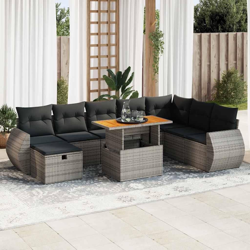 9-dijelni set vrtnih sofa poliratan i bagrem s jastucima sivi
