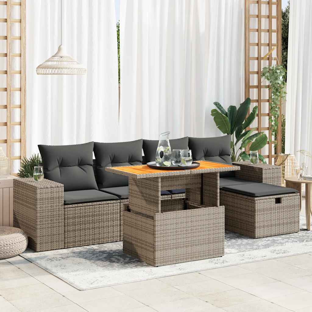 6-dijelni set vrtnih sofa poliratan i bagrem s jastucima sivi