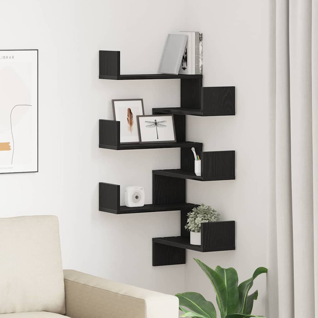 Polica na zidu s policom 2 pcs Crni hrast 40 x 40 x 49,5 cm