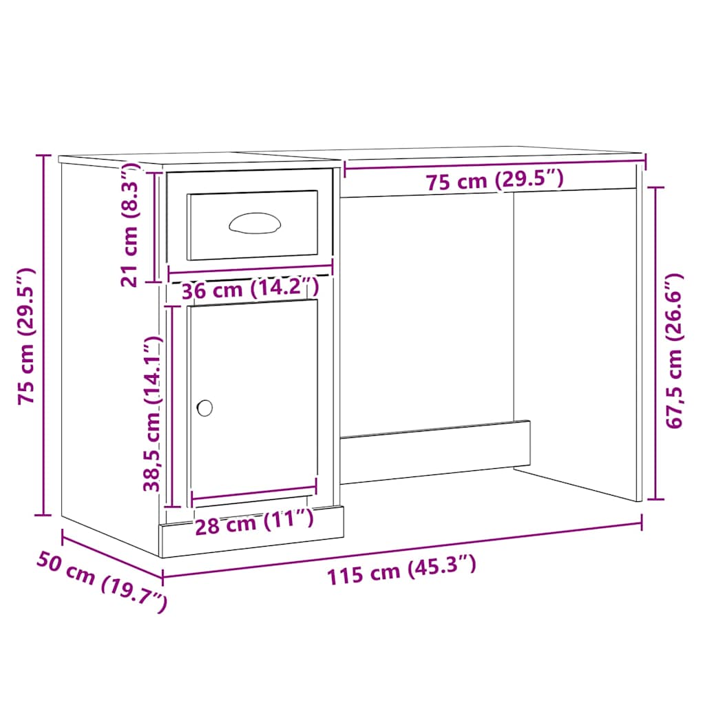 Stol s ladicama Crni hrast 50 x 115 x 75 cm Konstruirano drvo