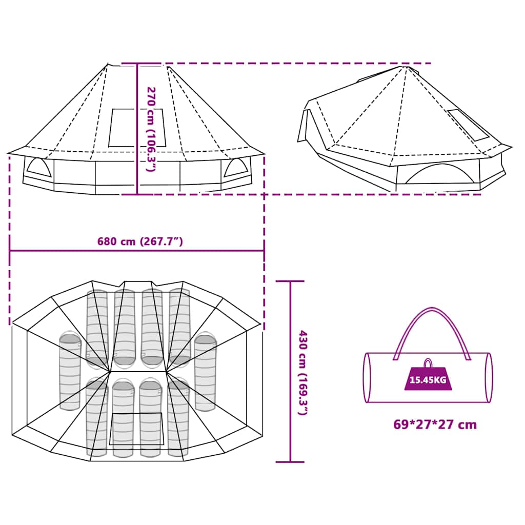 Tipi šator s krovom s pohranom Zelena 680 x 430 x 270 cm taft