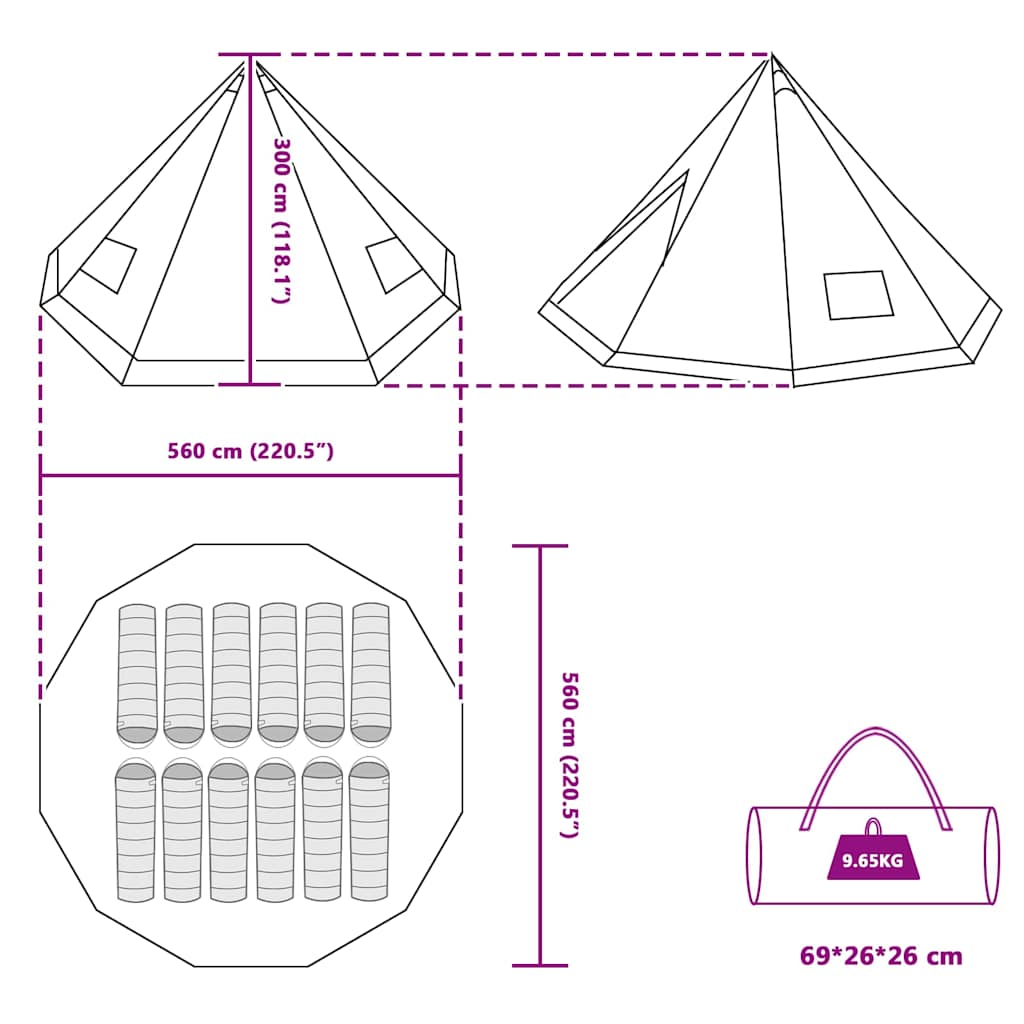Tipi šator s krovom s pohranom Zelena 560 x 560 x 300 cm taft