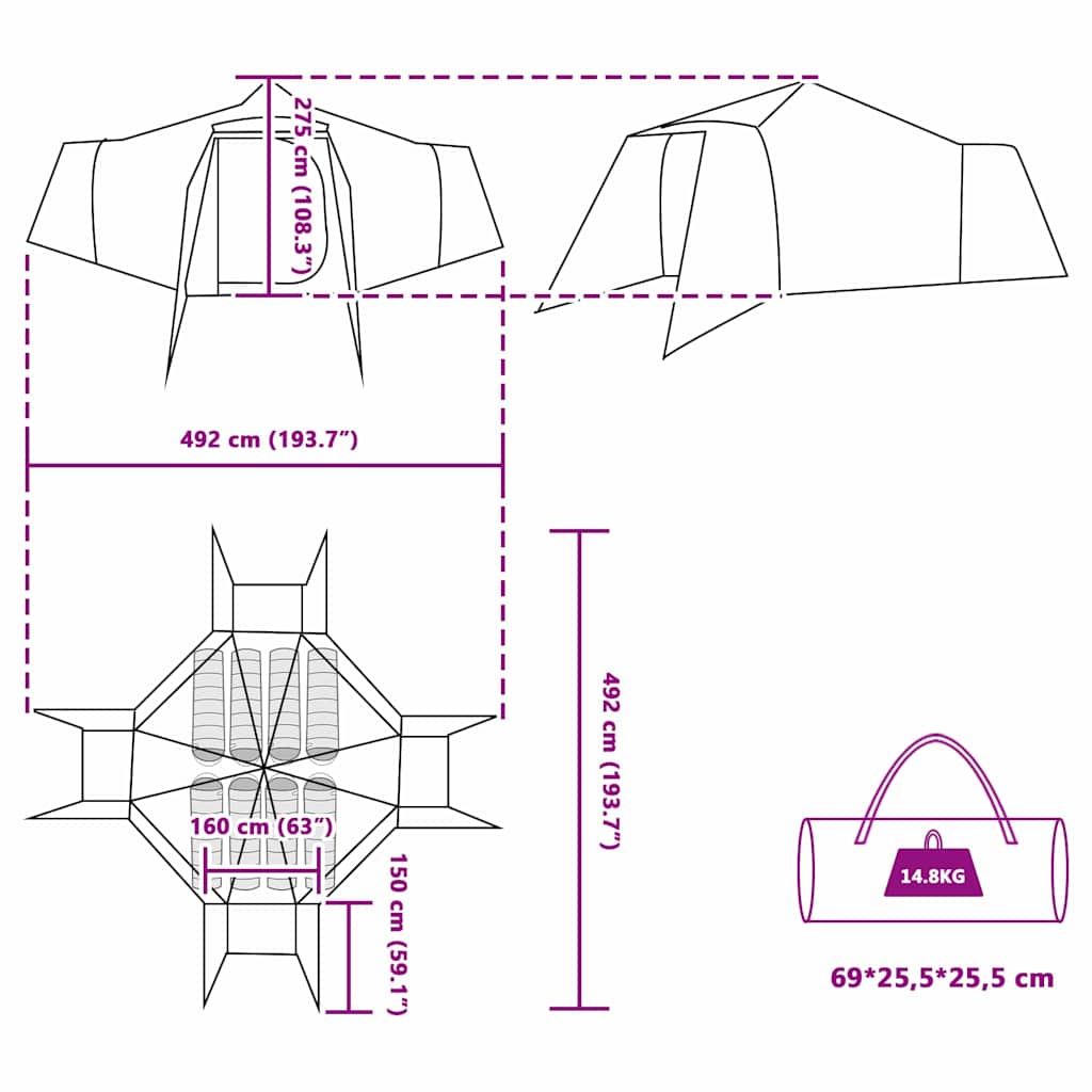 Tipi šator s krovom s pohranom Zelena 492 x 492 x 275 cm taft