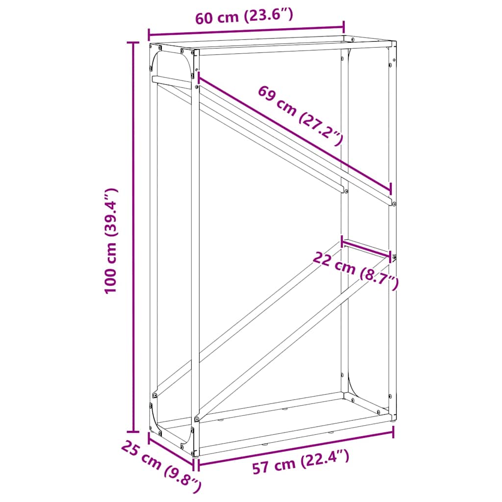 Stalak za drva crni 60x25x100 cm hladno valjani čelik