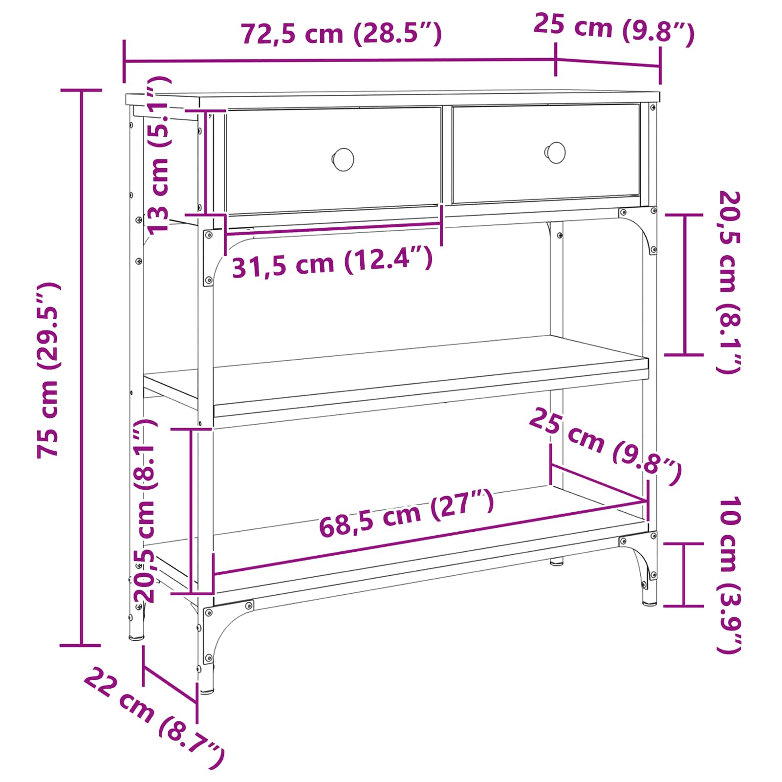 Konzolna stolica s ladicama Umjetnički hrast 72,5 x 25 x 75 cm