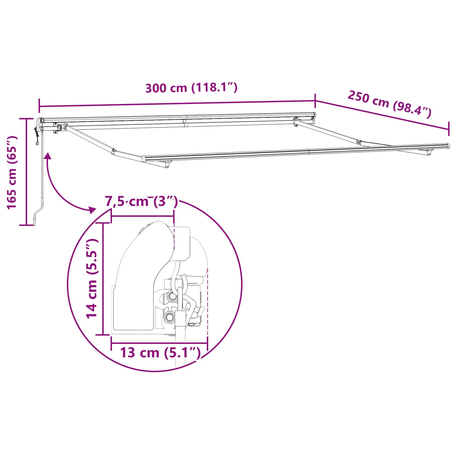Skrovita tenda Crna 300 x 250 cm Tkanina i Aluminij