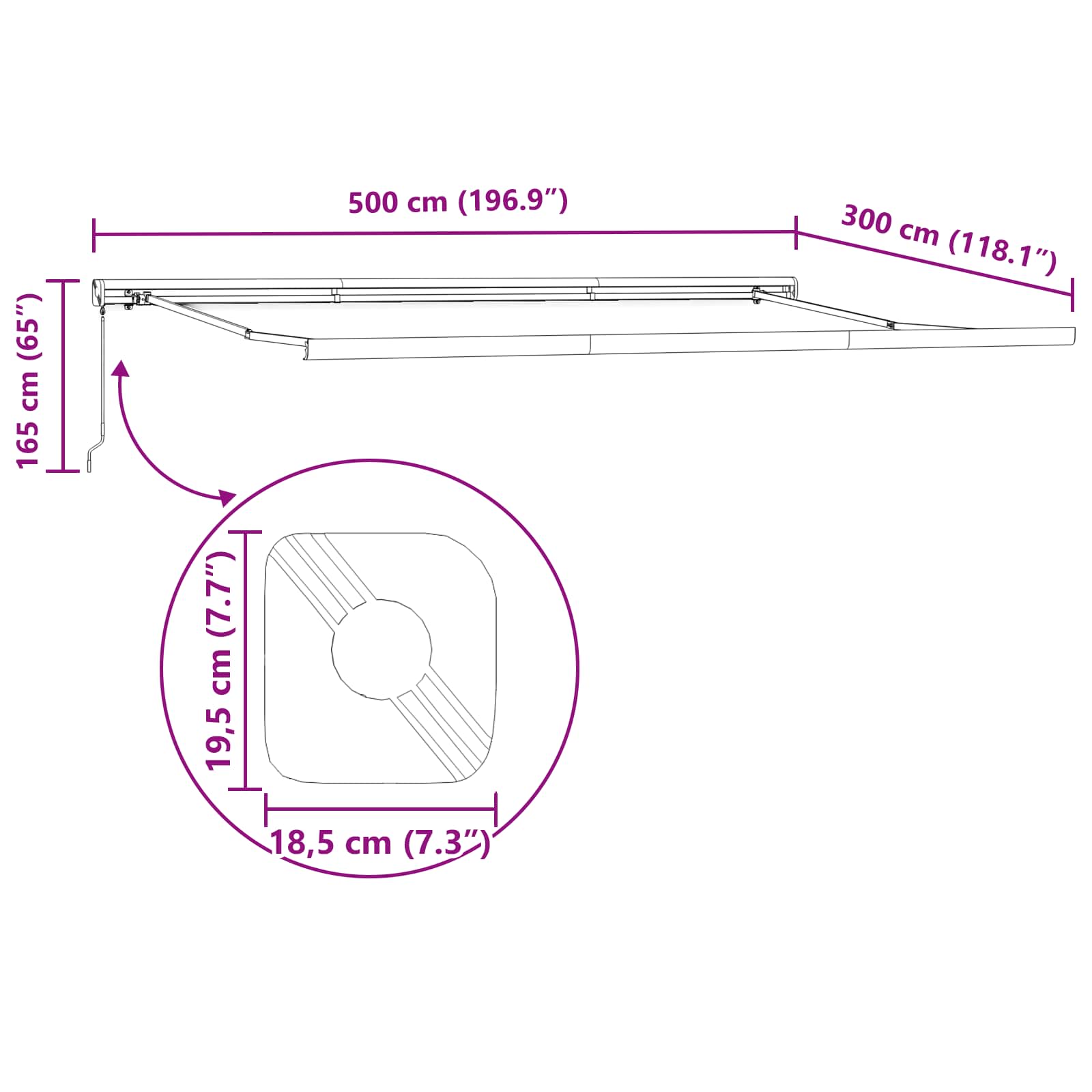 Skrovita tenda Bijelo 500 × 300 cm Tkanina i Metal