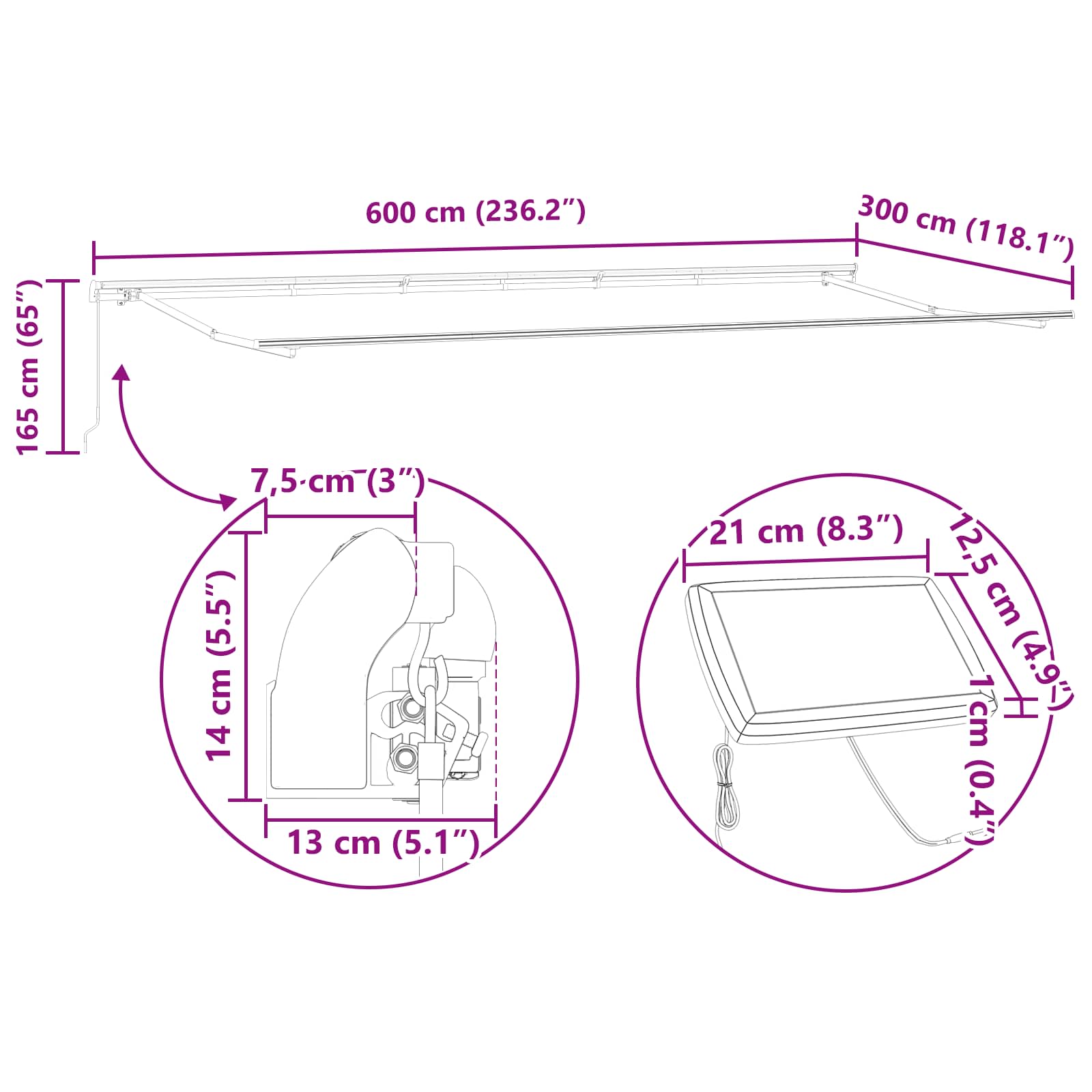 Povlačivi tende Bijela 600 × 300 cm Tkanina i Aluminij