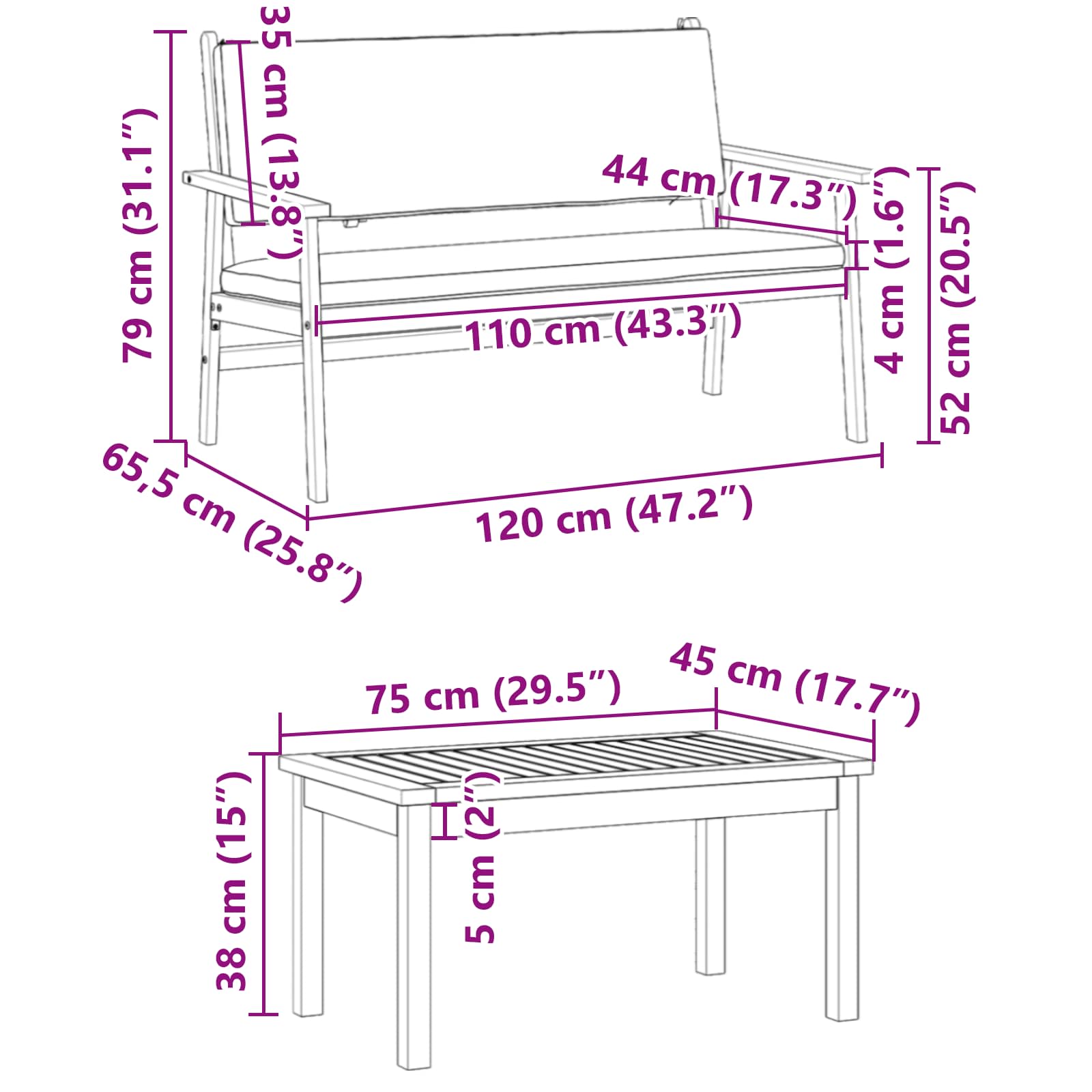Sjedeća garnitura za vrt 3 pcs Smeđa 120 x 65,5 x 79 cm