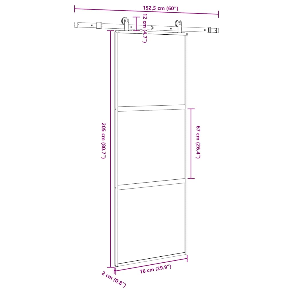 Klizna vrata s priborom 76 x 205 cm kaljeno staklo i aluminij