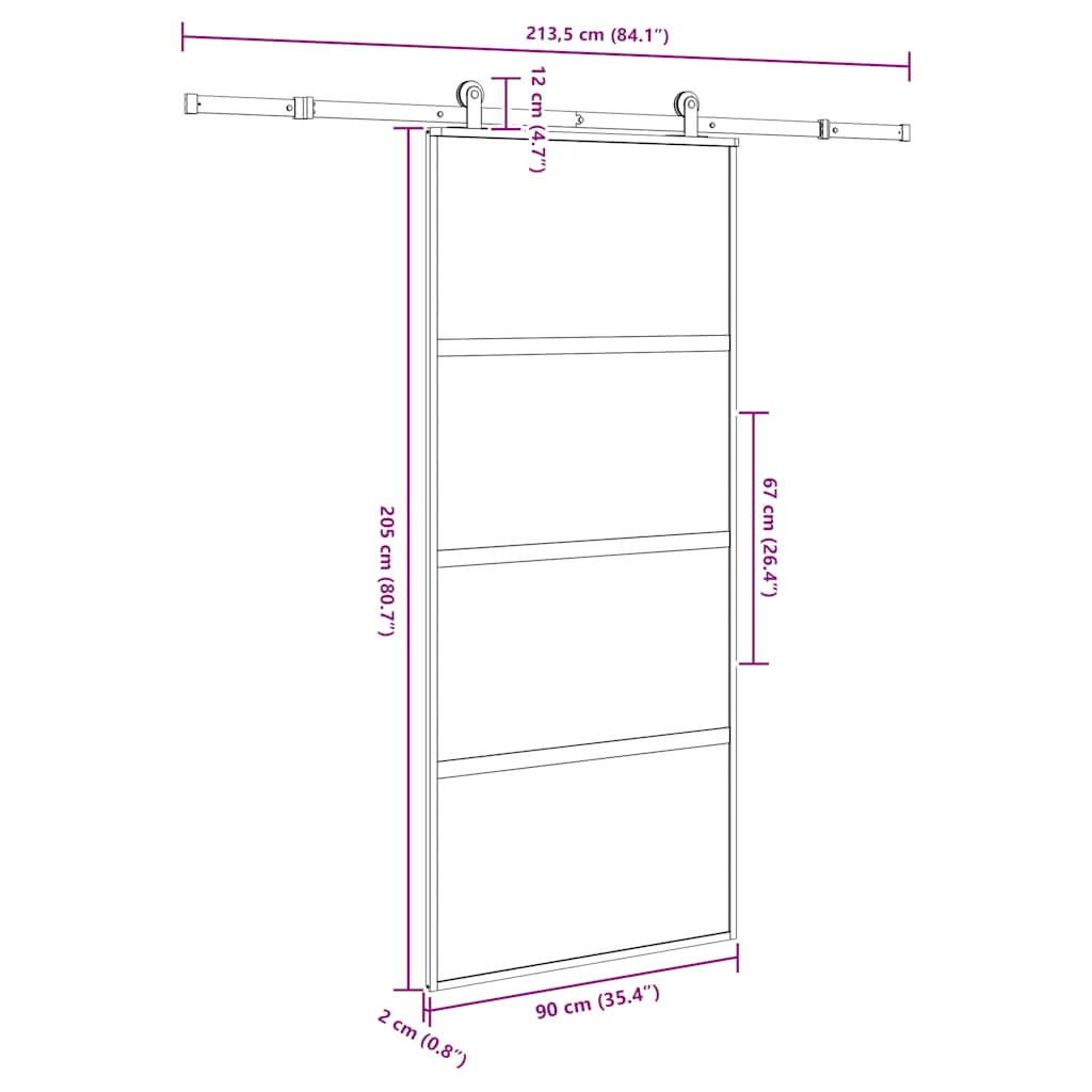 Klizna vrata s priborom 90 x 205 cm kaljeno staklo i aluminij